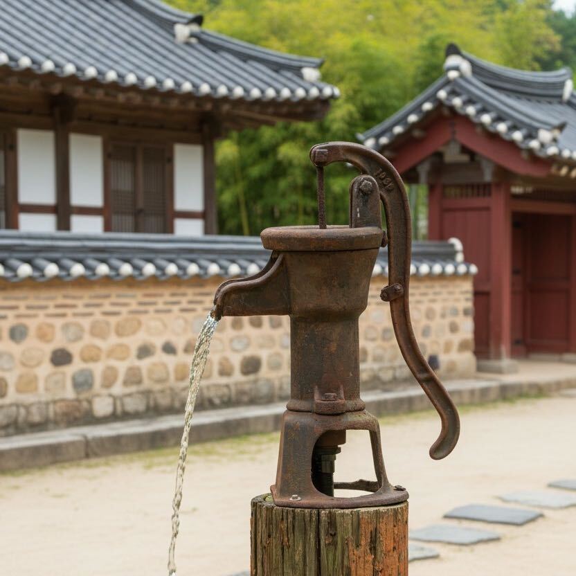 The Jakdu pump pictured on GIWA’s faucet, in a traditional Korean courtyard.